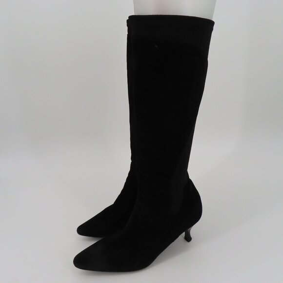Aquatalia Women 8.5 Black Suede Knit Stretch Kitten Heel Boots Pointed Toe Zip - Picture 14 of 15